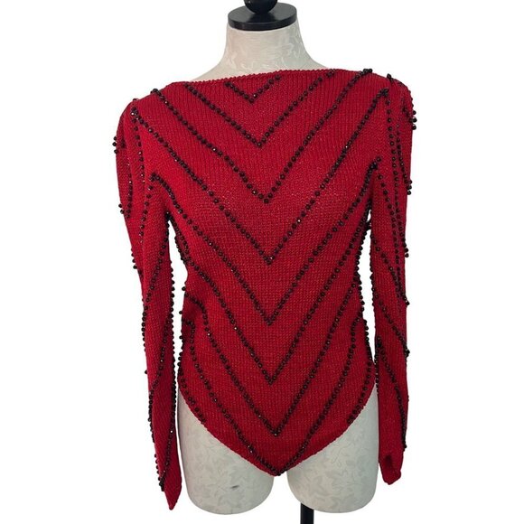 Vintage Womens Sweater Size Small Red Knit Jeweled Puff Shoulder Boat Neck - Picture 2 of 10